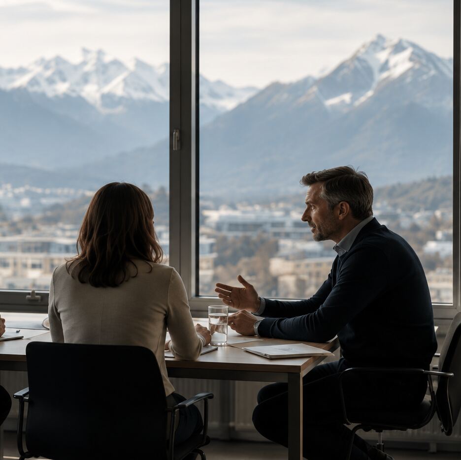 Beratungsgespräch mit Kundin und Beratern vor Alpenpanorama